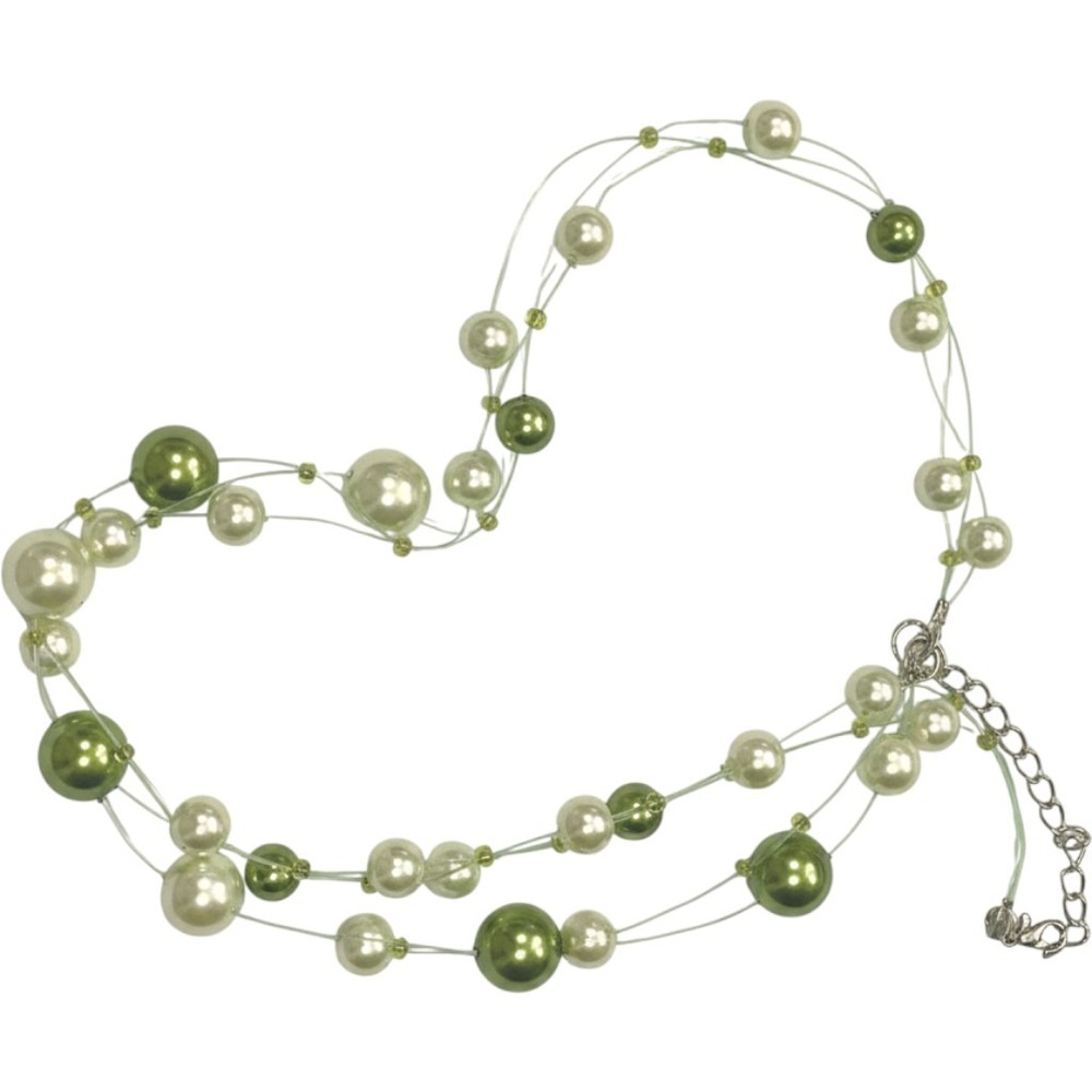Sage Green Multi Strand Floating Faux‎ Pearl Illusion Necklace Adjustable Cream